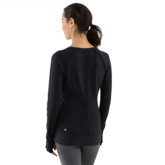 Lululemon Full Tilt Long Sleeve Lace Trim Popover Athletic Top Solid Black Sz 4 - Picture 2 of 13